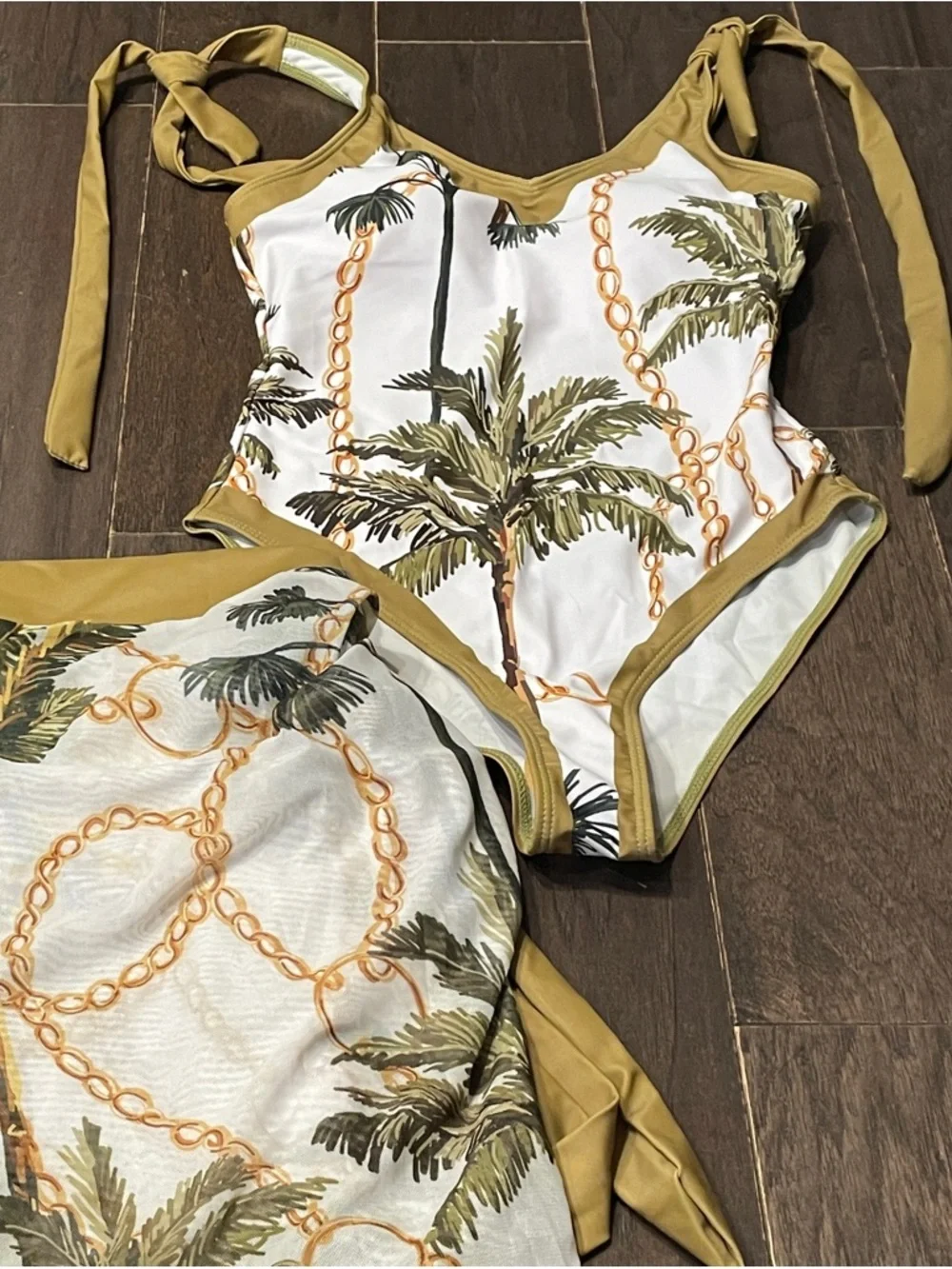 palm & chain print two-piece swimsuit set V-neck top matching skirt S NEW no tag - Picture 3 of 5